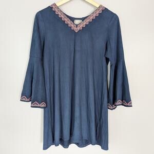 THML Women's Pink Embroidered Navy Tunic Mini Dress Bell Sleeve size MP